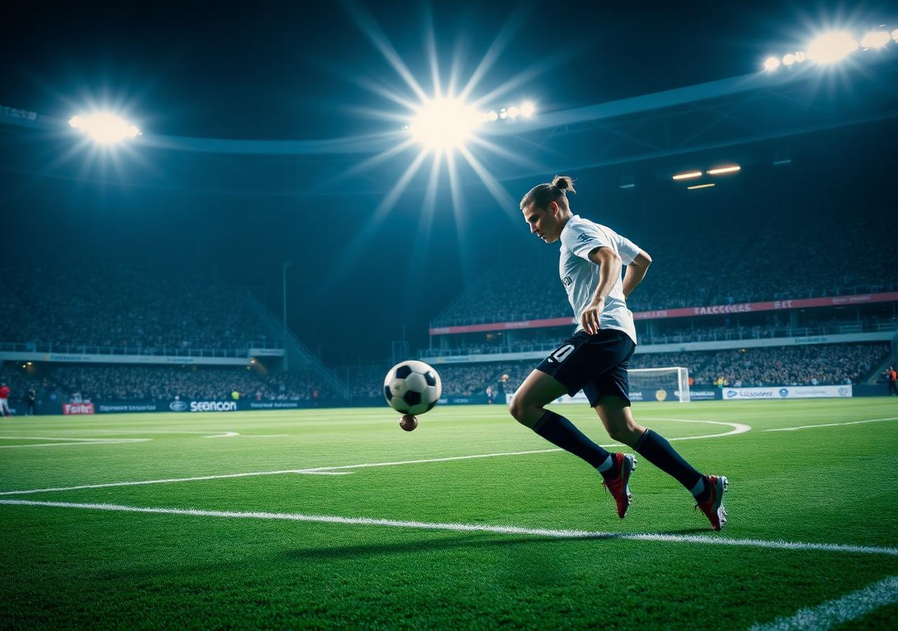 Futbolista rematando en el estadio